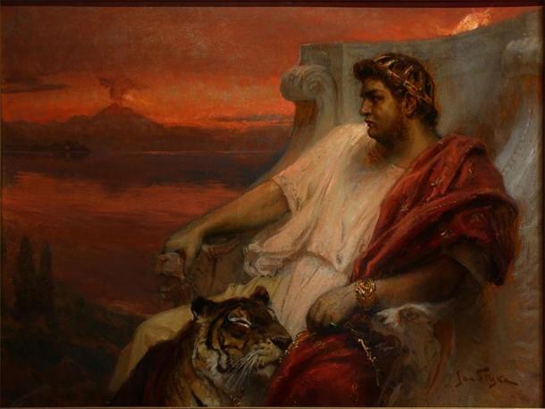 Une représentation de l'empereur Néron avec un tigre et Rome brûlant en arrière-plan pendant le Grand Incendie. Source de la photo : Jan Styka / Domaine public.