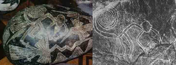 Sculpture sur pierre d'Ica à gauche et géoglyphe de Nazca à droite
