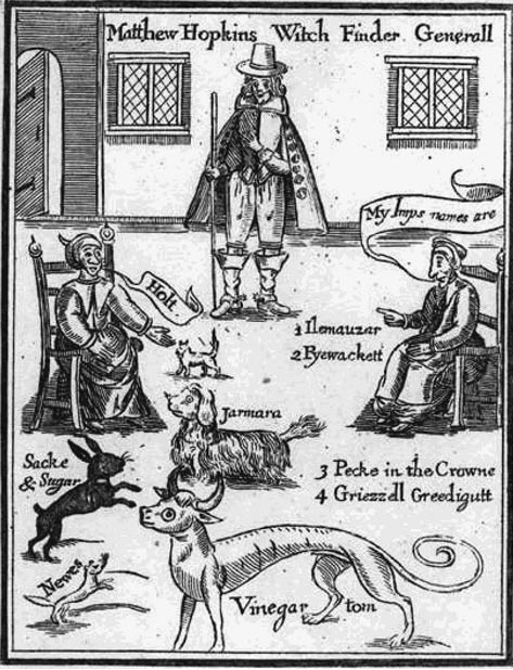 Frontispice du livre du chasseur de sorcières Matthew Hopkins, The Discovery of Witches (1647), montrant des sorcières identifiant leurs esprits familiers.
