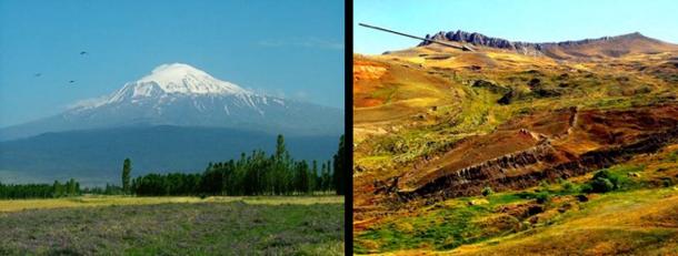 En haut à gauche, nous voyons le mont Ararat dans la Turquie actuelle, et nous avons une idée de l'impossibilité de faire atterrir l'arche de Noé sur ce mont. En haut à droite, nous voyons la montagne à dix-sept miles au sud du Mont Ararat où l'arche s'est en fait arrêtée pour la première fois (flèche), et l'impression qu'elle a laissée lorsqu'elle a glissé en bas de la montagne environ 100 ans plus tard. Au sommet de la montagne, nous voyons les falaises de l'escarpement que l'