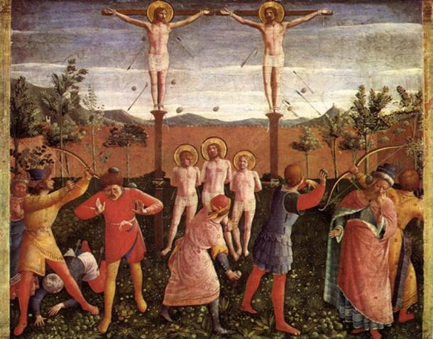 Les saints Cosmas et Damien ont été crucifiés, lapidés, jetés à la mer et finalement décapités, selon la légende. Ce tableau montrant les lapidations et les crucifixions, est de Fra Angelica.